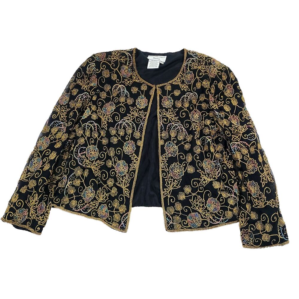 Floral Beaded Silk Cardigan Adrianna Papell Boutique‎ XL Black Evening Wear